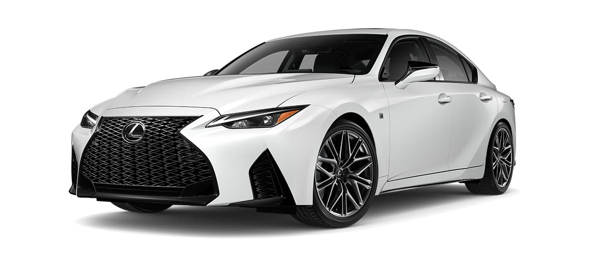 Lexus IS 500 F SPORT PERFORMANCE in Ultra White with 19-inch split-10-spoke Enkei alloy wheels with Dark Metallic finish wheels angle 1 in