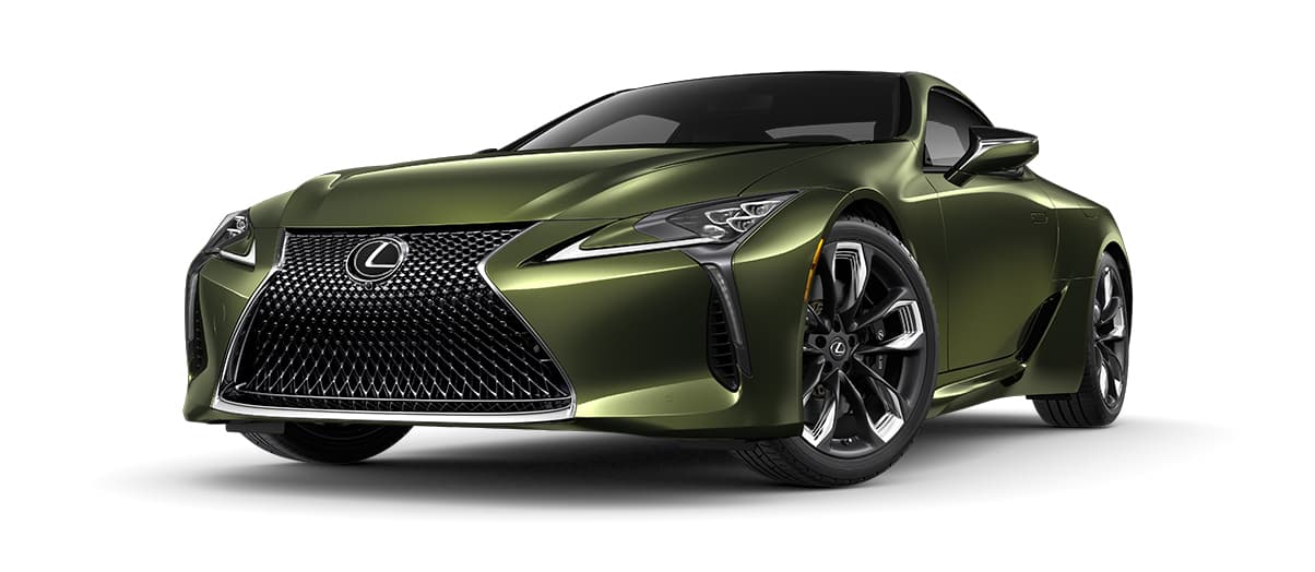 Lexus LC HYBRID in Nori Green Pearl with 21-inch staggered-width split-five-spoke forged alloy wheels with Black finish and metallic accents wheels angle 1 in