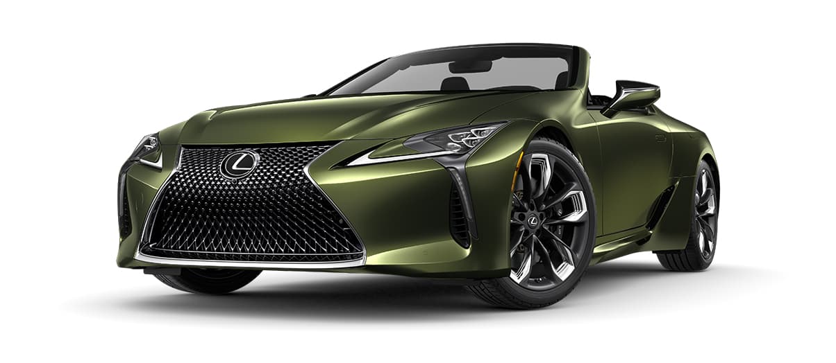 Lexus LC CONVERTIBLE in Nori Green Pearl with 21-inch staggered-width split-five-spoke forged alloy wheels with Black finish and metallic accents wheels angle 1 in