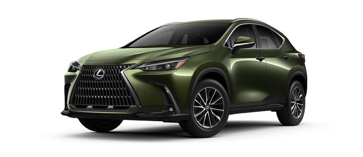 Lexus NX in Nori Green Pearl with 18-inch 15-spoke alloy wheels with Dark Gray and machined finish wheels angle 1 in