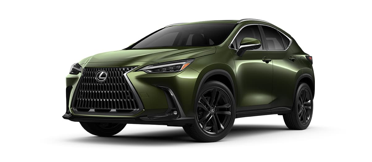 Lexus NX PLUG-IN HYBRID ELECTRIC VEHICLE in Nori Green Pearl with 20-inch split-five-spoke alloy wheels with Dark Gray metallic finish wheels angle 1 in