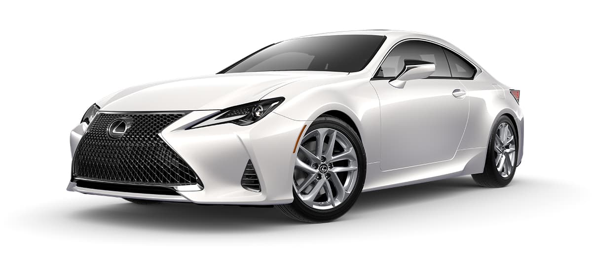 Lexus RC in Eminent White Pearl with 18-inch split-five-spoke alloy wheels with Silver Metallic finish wheels angle 1 in