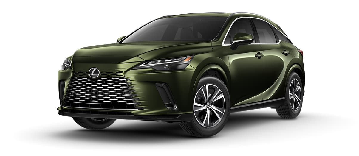 Lexus RX in Nori Green Pearl with 19-in five-spoke alloy wheels with Dark Gray Metallic and machined finish wheels angle 1 in