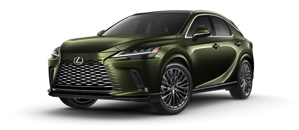 Lexus RX PLUG-IN HYBRID ELECTRIC VEHICLE in Nori Green Pearl with 21-inch 20-spoke alloy wheels with Dark Premium Metallic finish wheels angle 1 in