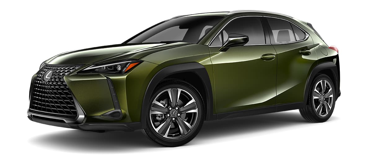 Lexus UX  HYBRID in Nori Green Pearl with 18-inch five-spoke alloy wheels with Dark Gray Metallic and Machined finish with run-flat tires wheels angle 1 in